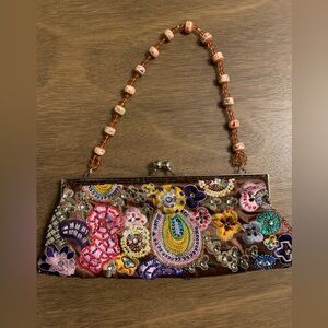 Ebisu Gorgeous Colorful Embroidered and Beaded Clutch with Beaded Handle EUC